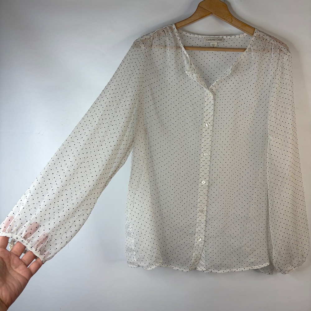 Coldwater Creek Blouse Women 1X White Black Polka Dot Flocked Sheer Button Up - Picture 4 of 10